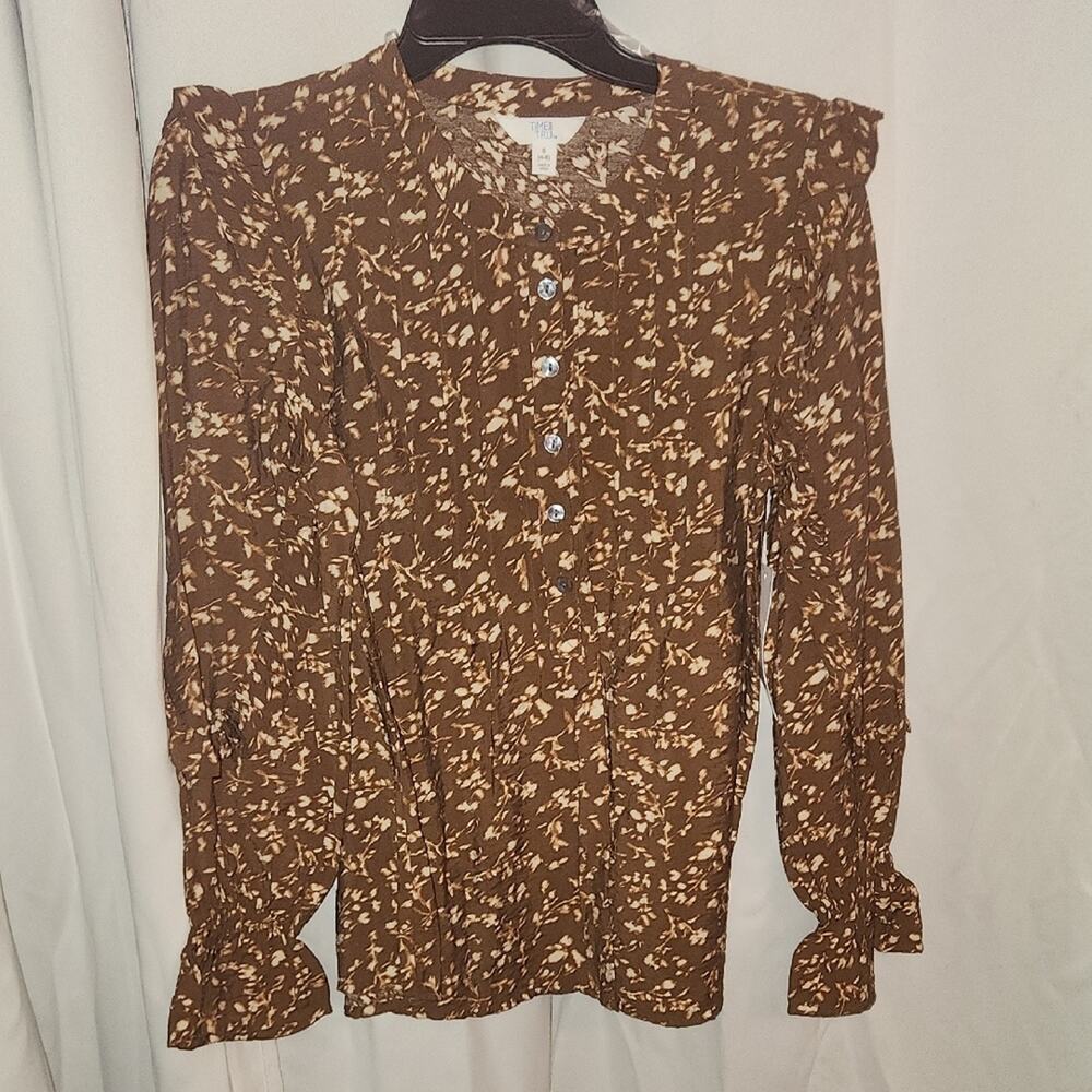 Time and Tru Brown Floral Blouse with Button Details